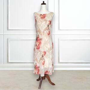 Vintage 90s Cream Floral Midi Dress Women’s 12 Romantic Fully Lined